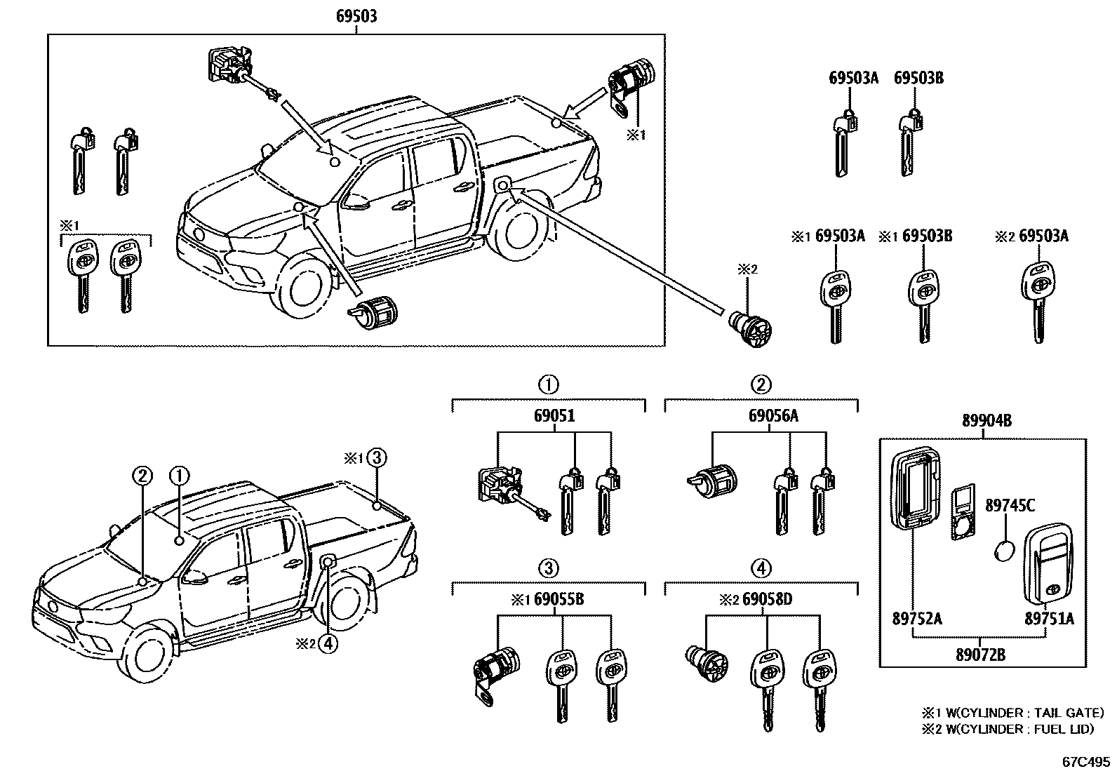 Toyota HILUX 锁芯组件 EPC diagram — 67C495