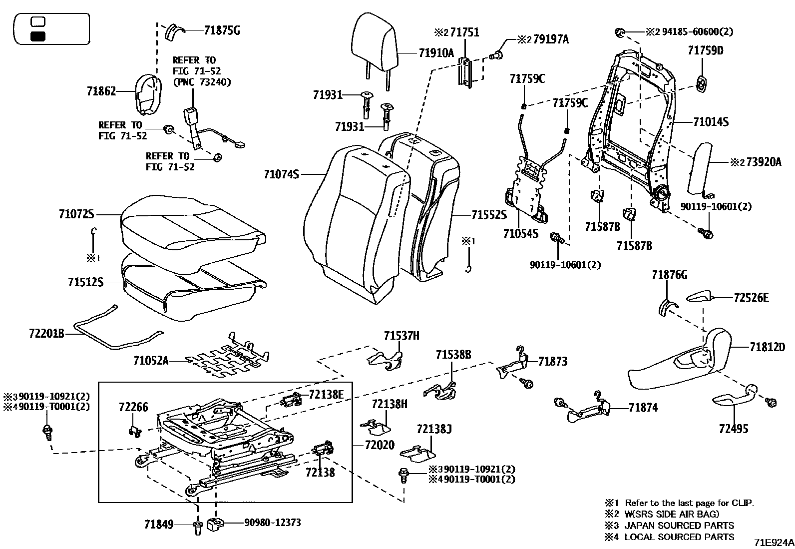 Toyota HILUX 座椅和座椅滑轨 EPC diagram — 71E924A