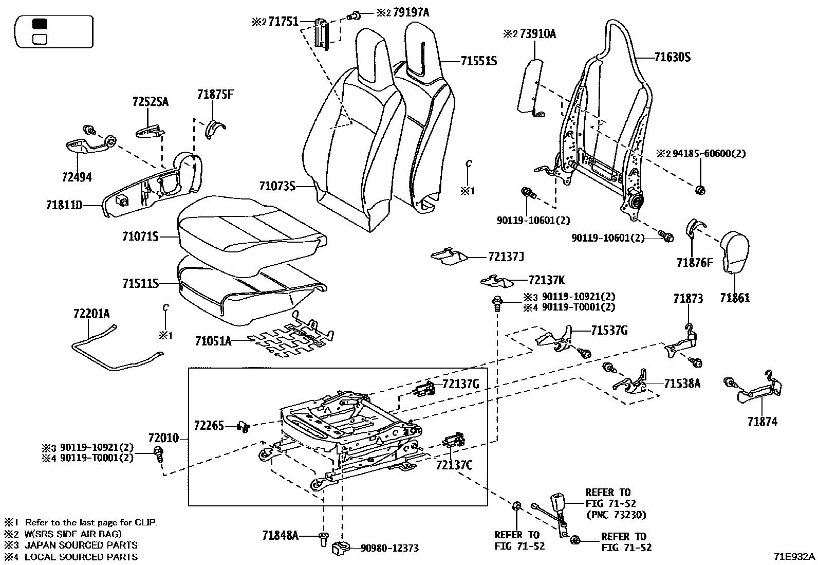 Toyota HILUX 座椅和座椅滑轨 EPC diagram — 71E932A