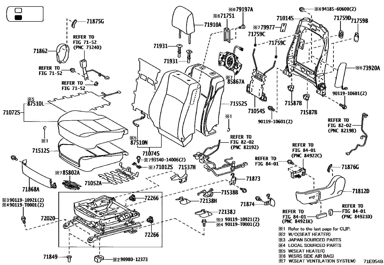 Toyota HILUX 座椅和座椅滑轨 EPC diagram — 71E954B
