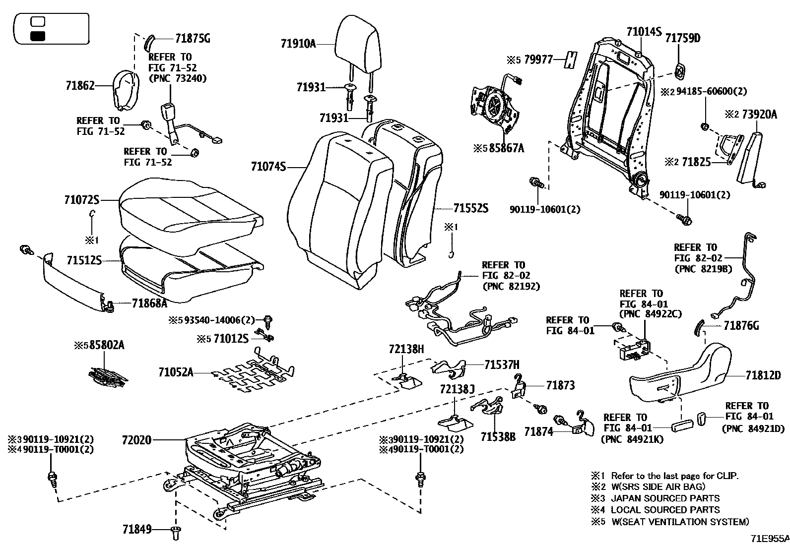 Toyota HILUX 座椅和座椅滑轨 EPC diagram — 71E955A