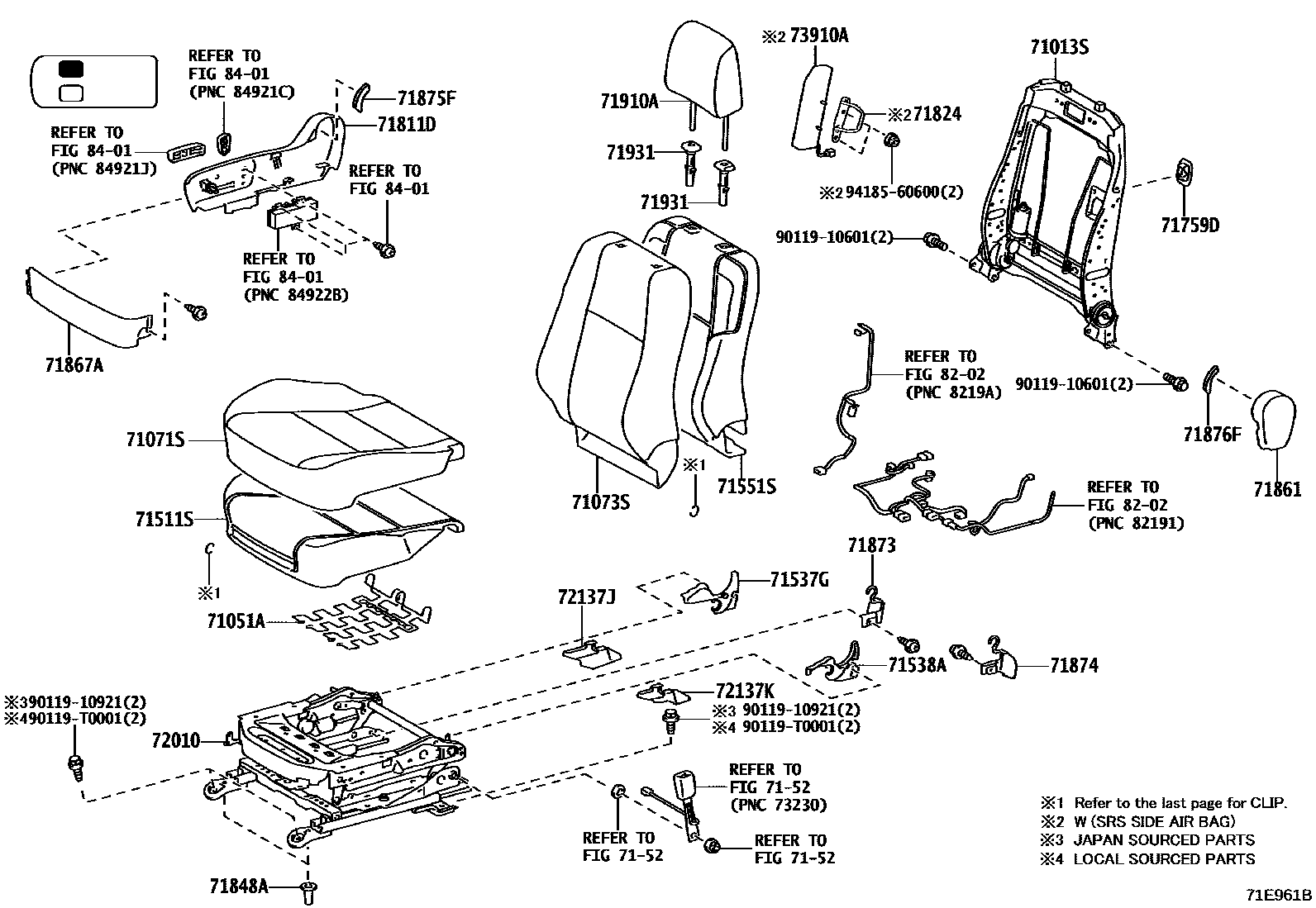 Toyota HILUX 座椅和座椅滑轨 EPC diagram — 71E961B