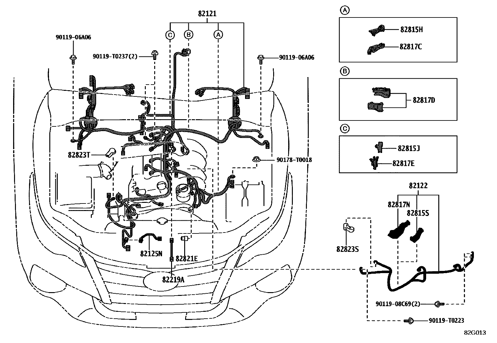 Toyota HILUX 线束和卡夹 EPC diagram — 82G013
