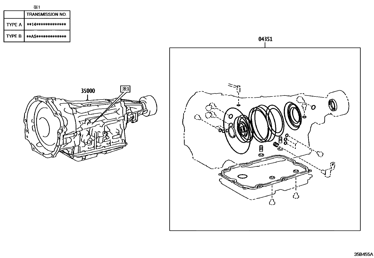 Toyota HILUX 传动桥或变速器总成和衬垫组件(ATM) EPC diagram — 35B455A