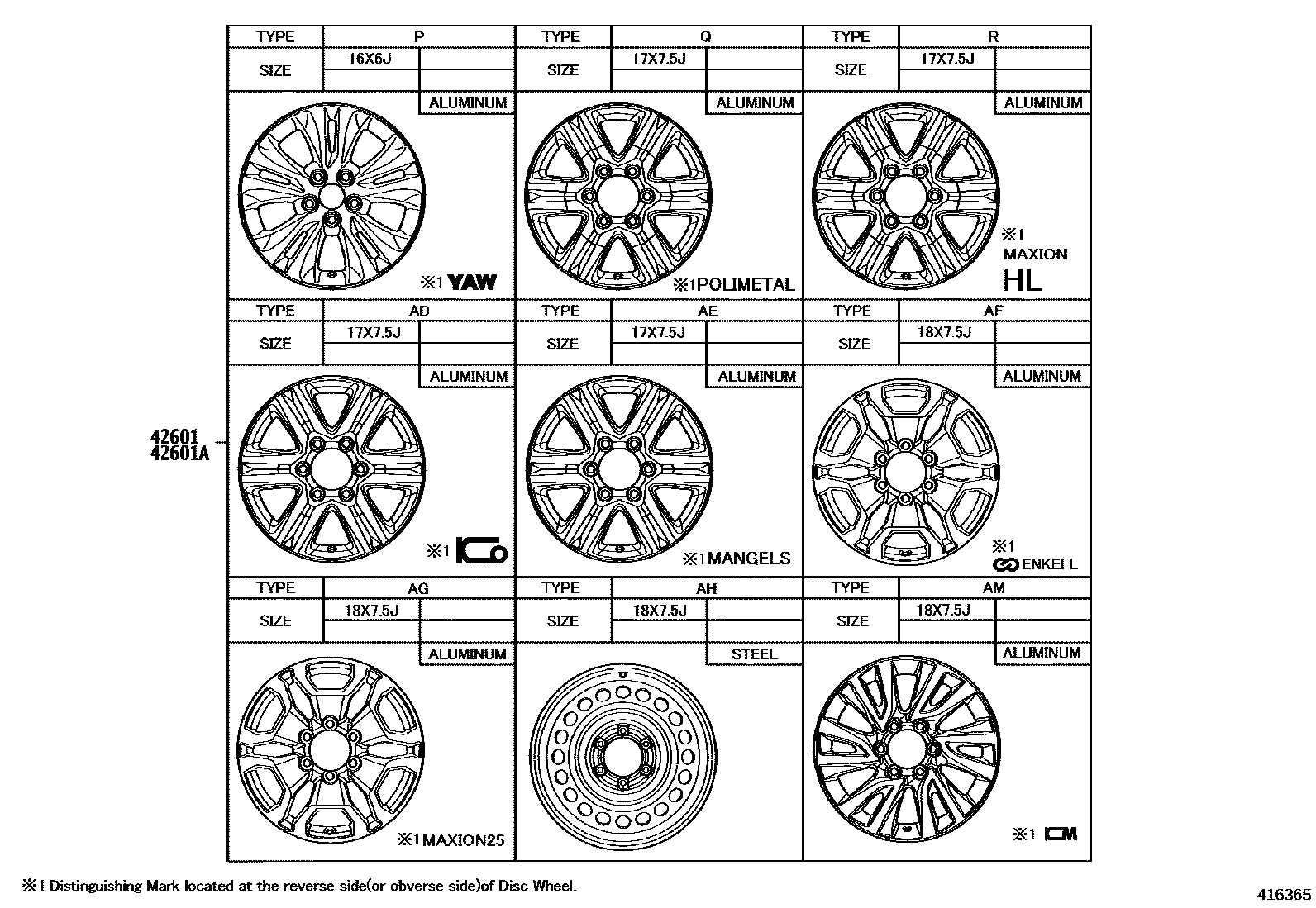 Toyota HILUX 车轮和车轮盖 EPC diagram — 416365