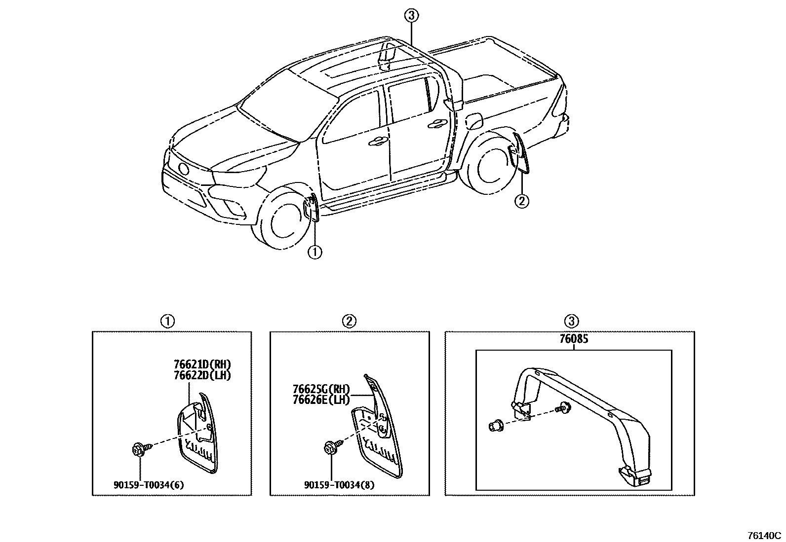 Toyota HILUX 扰流板和侧挡泥板 EPC diagram — 76140C