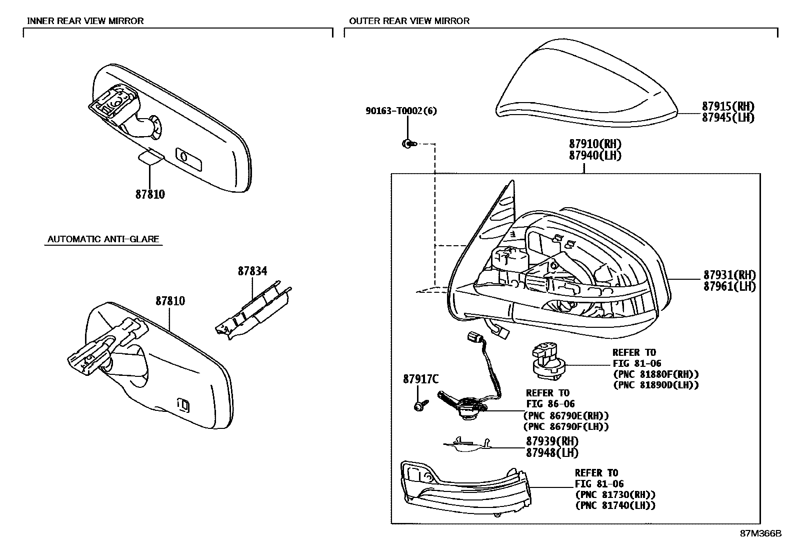 Toyota HILUX 后视镜 EPC diagram — 87M366B