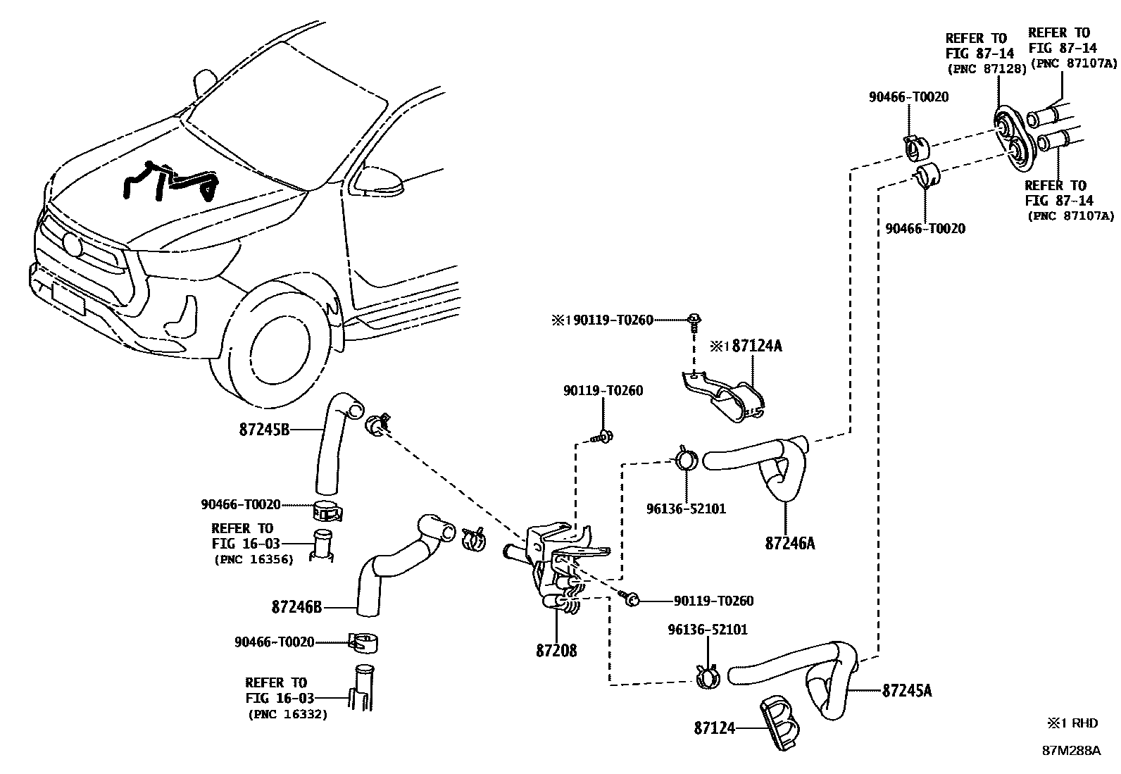 Toyota HILUX 暖风和空调系统 - 水管 EPC diagram — 87M288A