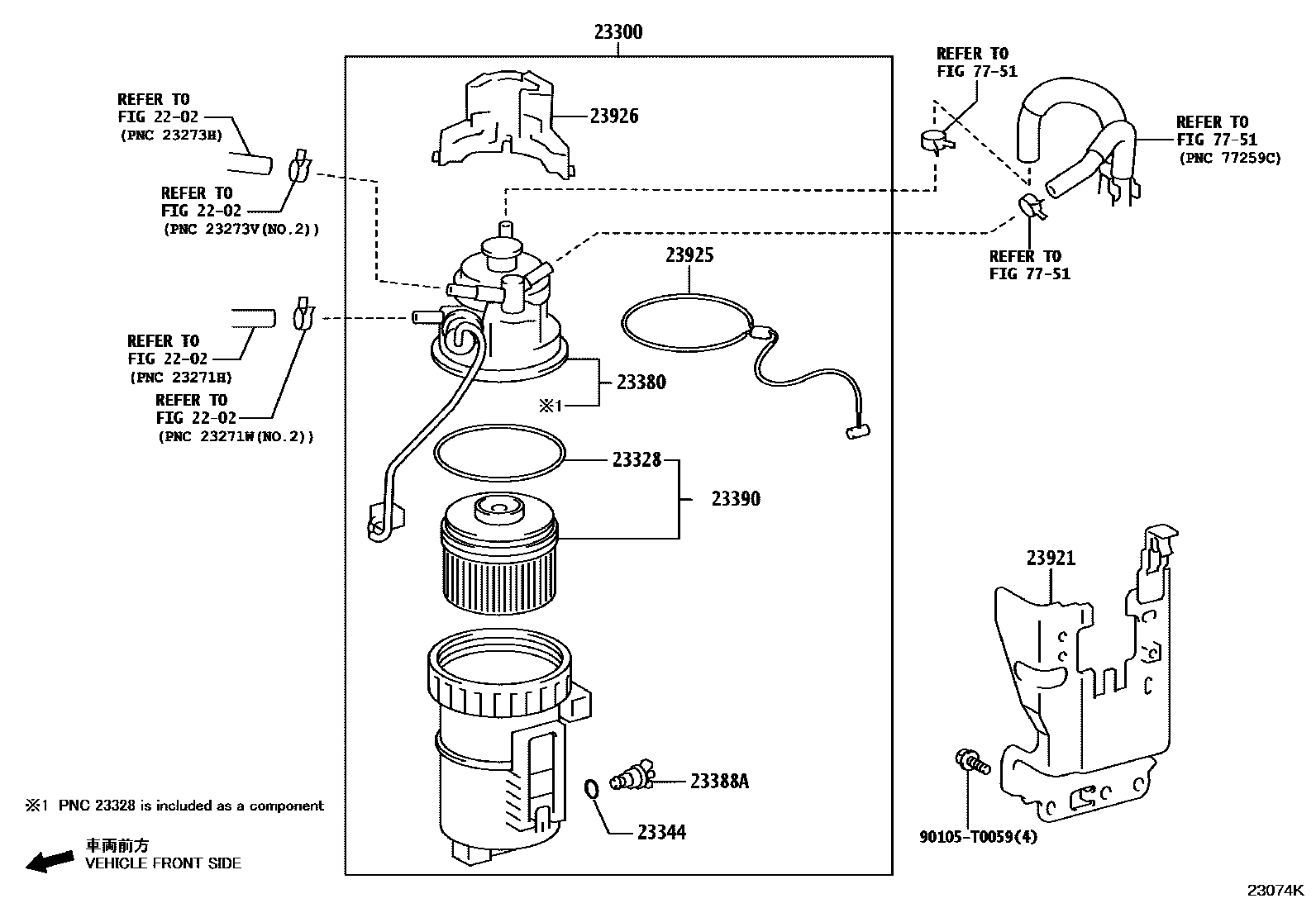 Toyota HILUX fuel filter EPC diagram — 23074K