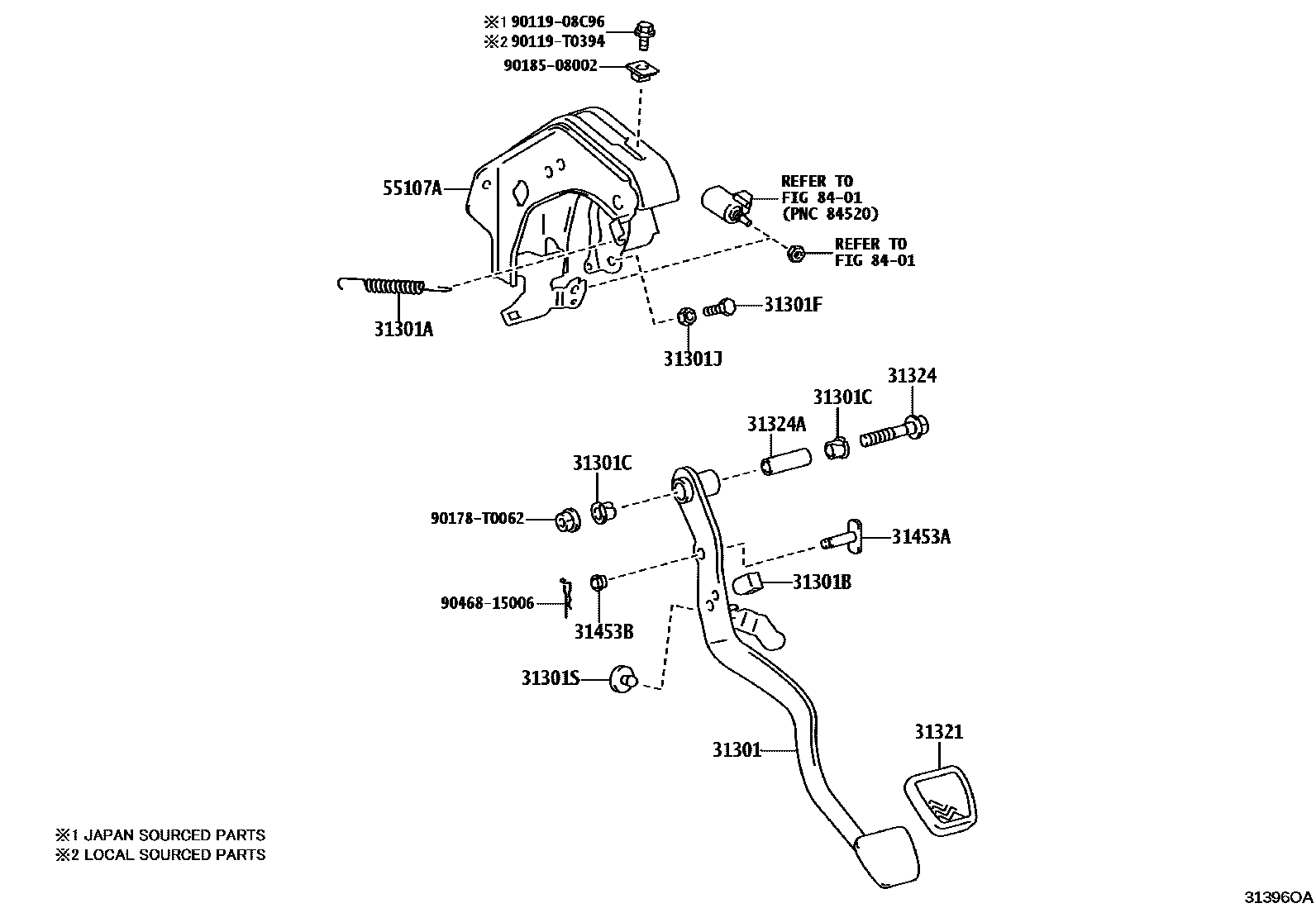 Toyota HILUX 离合器踏板和挠性软管 EPC diagram — 31396OA