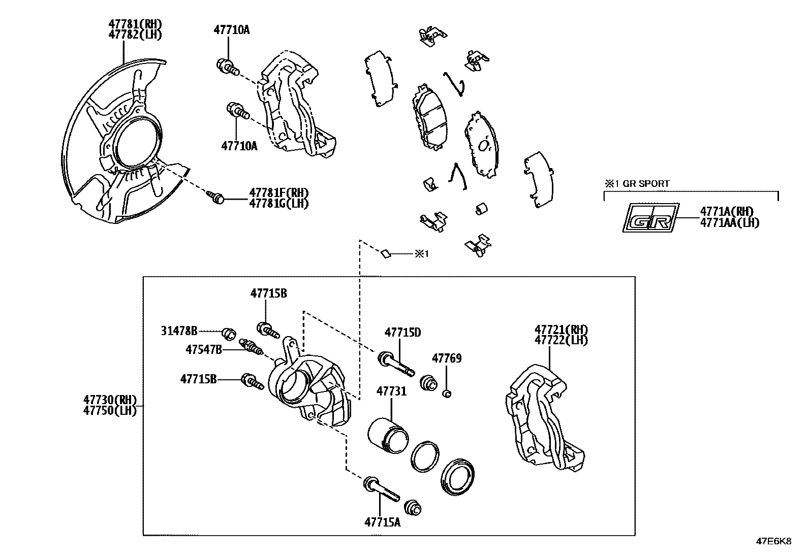 Toyota HILUX 前盘式制动器卡钳和防尘罩 EPC diagram — 47E6K8