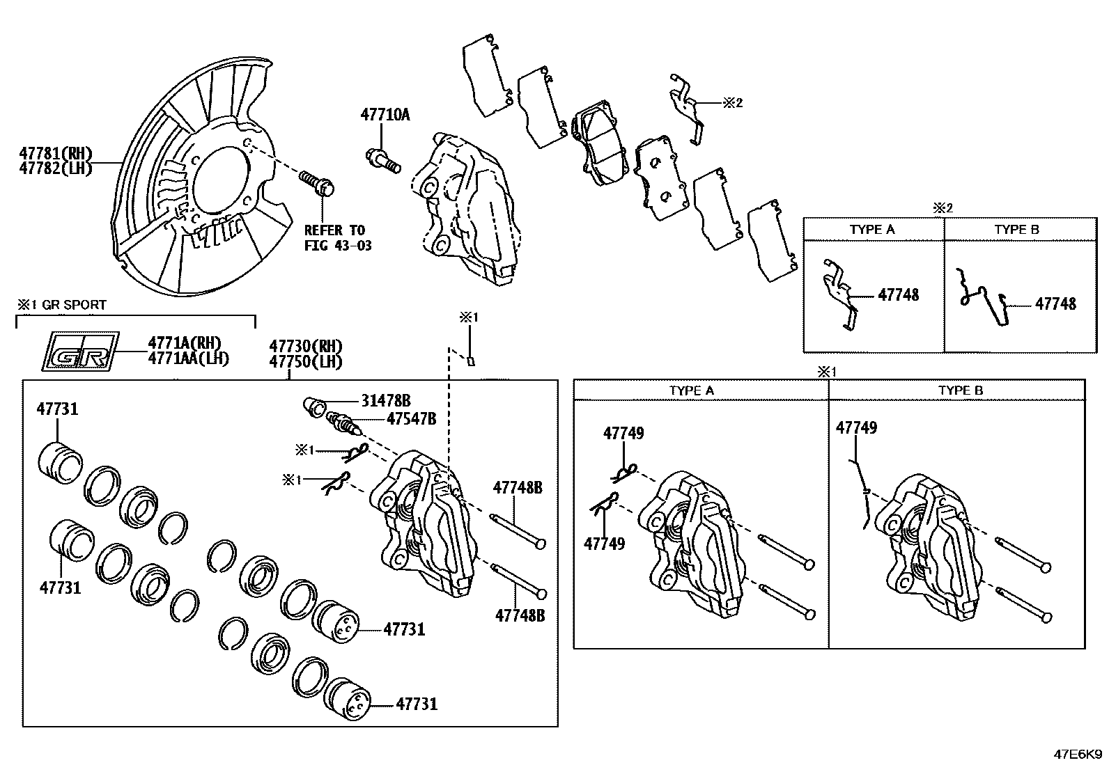 Toyota HILUX 前盘式制动器卡钳和防尘罩 EPC diagram — 47E6K9