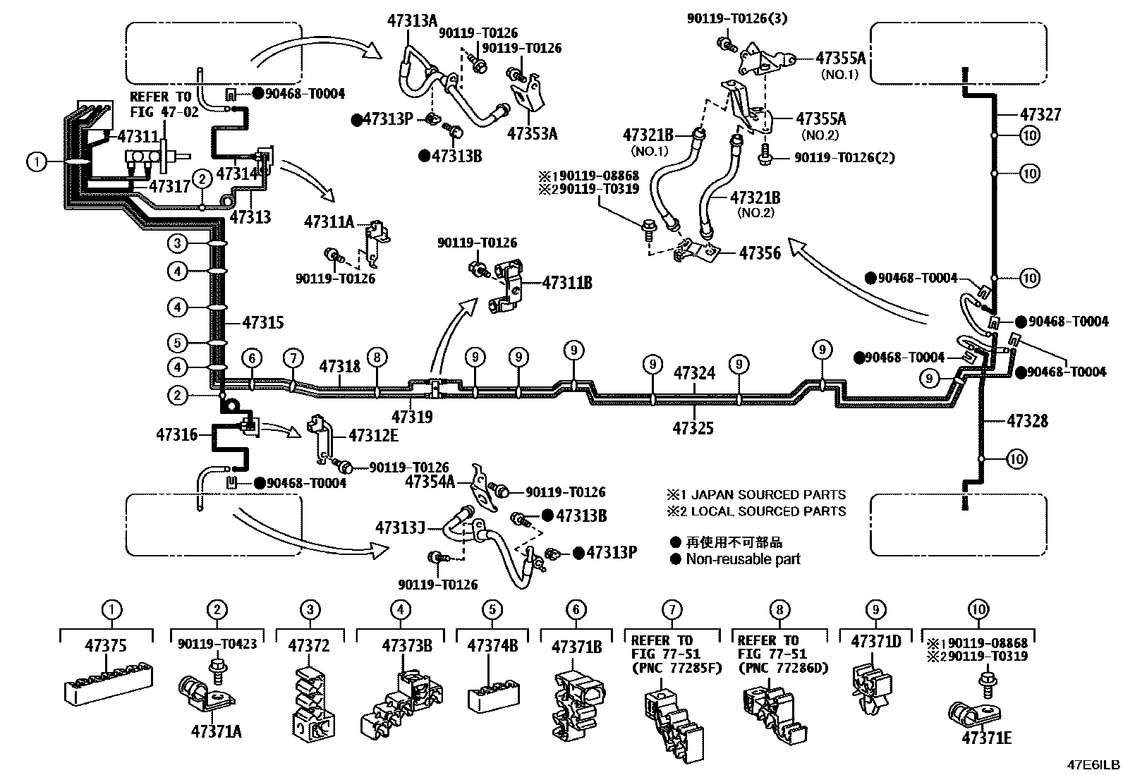 Toyota HILUX 制动配管和卡箍 EPC diagram — 47E6ILB