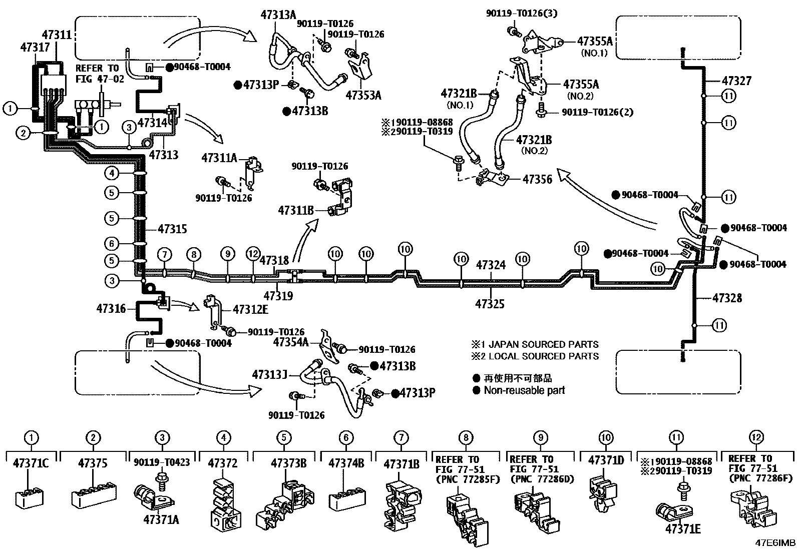 Toyota HILUX 制动配管和卡箍 EPC diagram — 47E6IMB