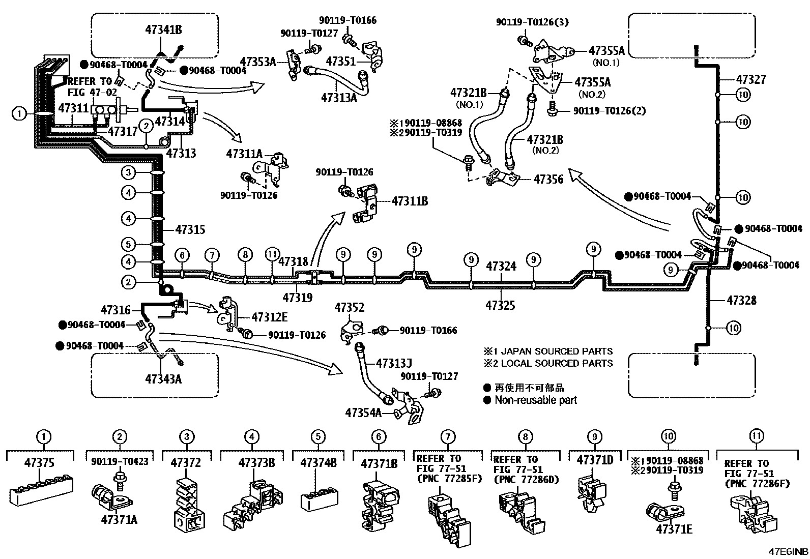 Toyota HILUX 制动配管和卡箍 EPC diagram — 47E6INB