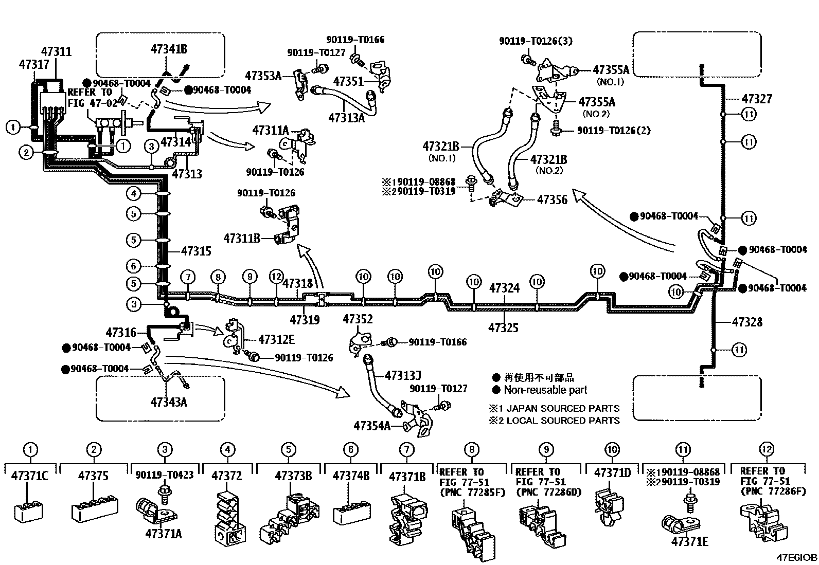 Toyota HILUX 制动配管和卡箍 EPC diagram — 47E6IOB
