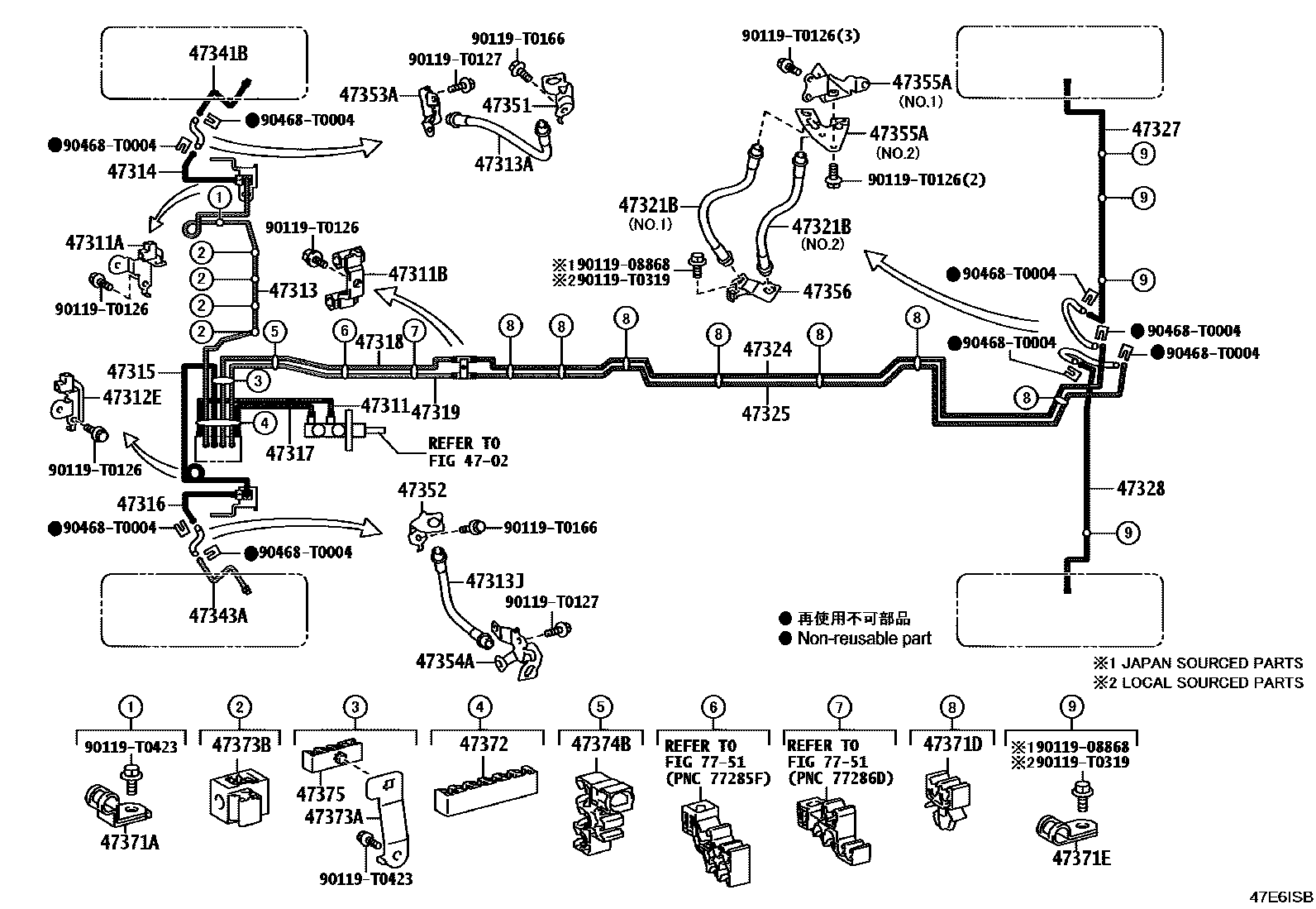Toyota HILUX 制动配管和卡箍 EPC diagram — 47E6ISB