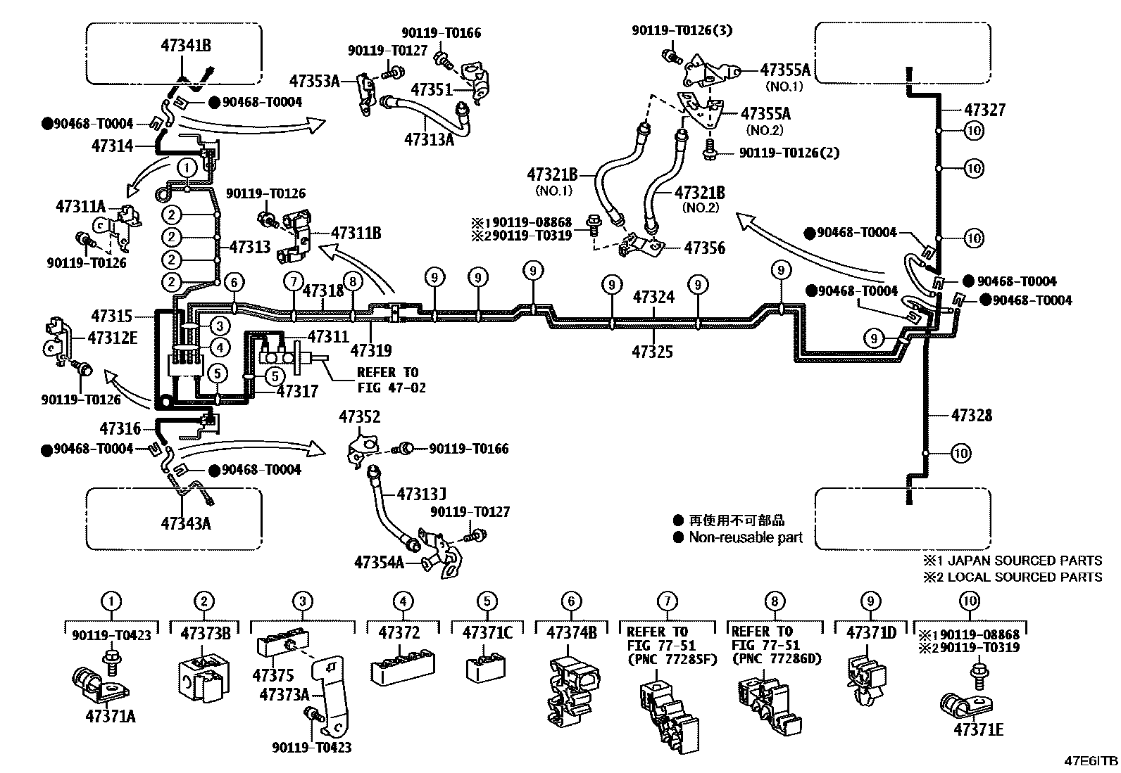 Toyota HILUX 制动配管和卡箍 EPC diagram — 47E6ITB