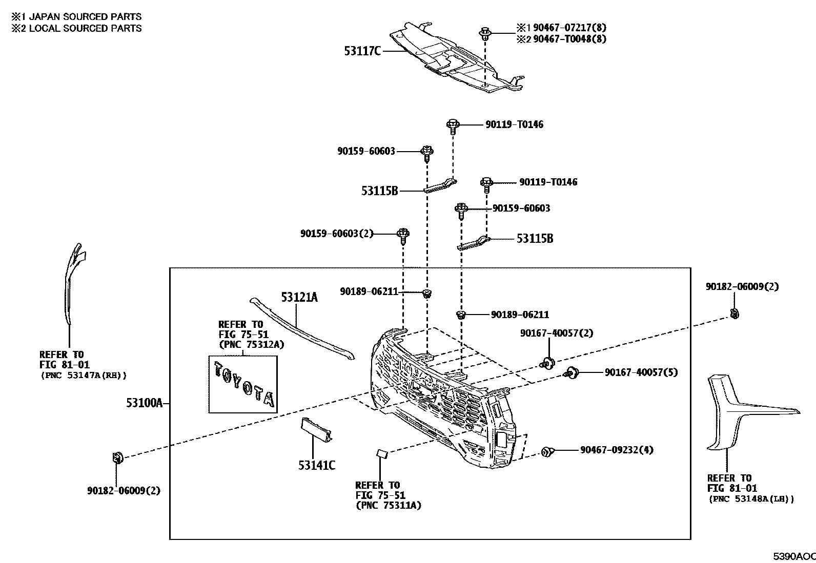 Toyota HILUX radiator grille EPC diagram — 5390AOC