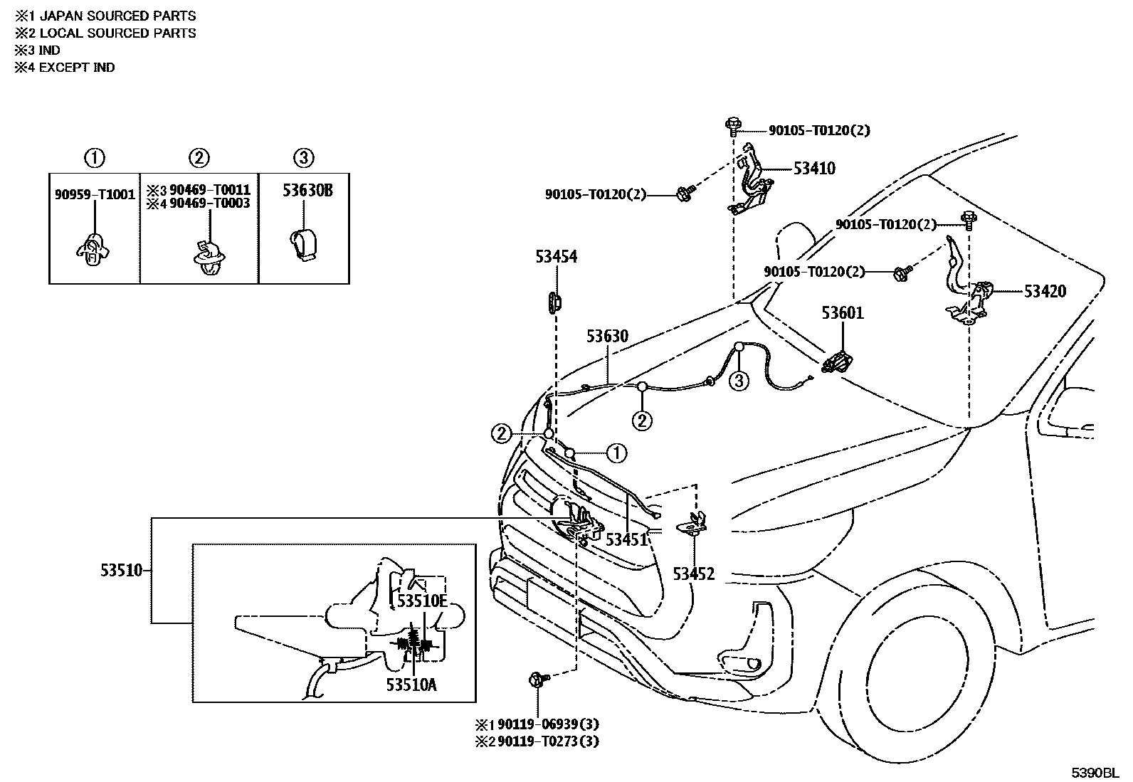 Toyota HILUX 发动机盖锁和铰链 EPC diagram — 5390BL
