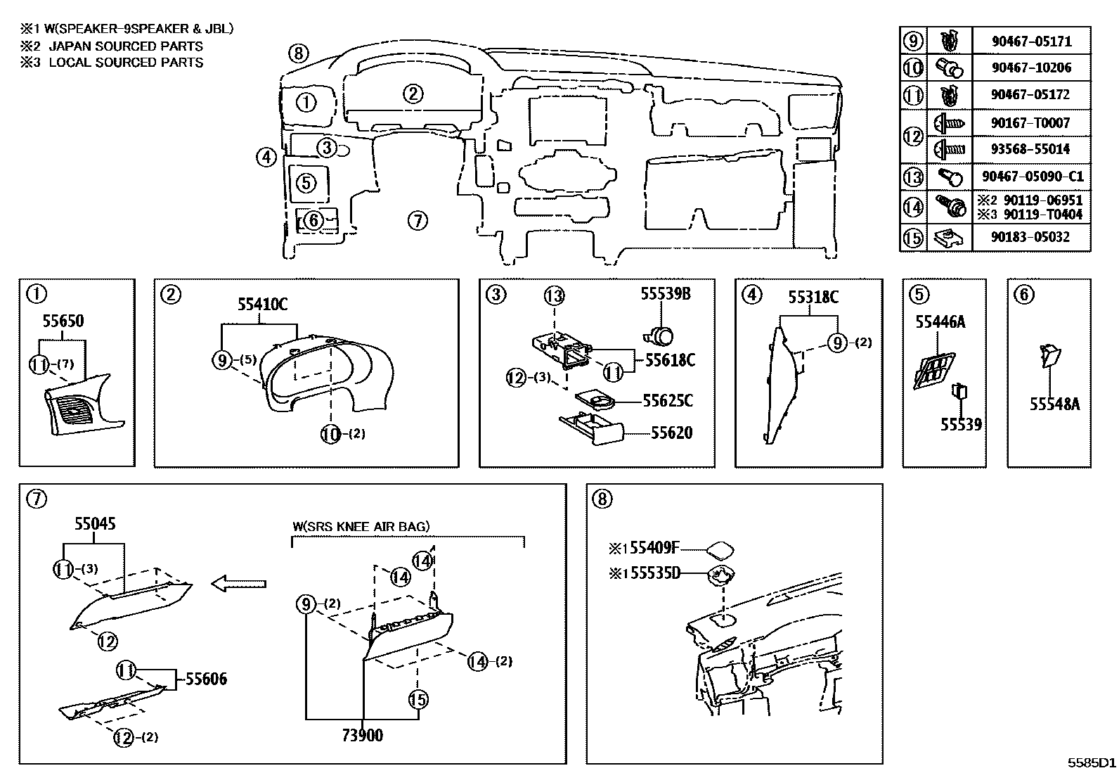 Toyota HILUX 仪表板和手套箱 EPC diagram — 5585D1