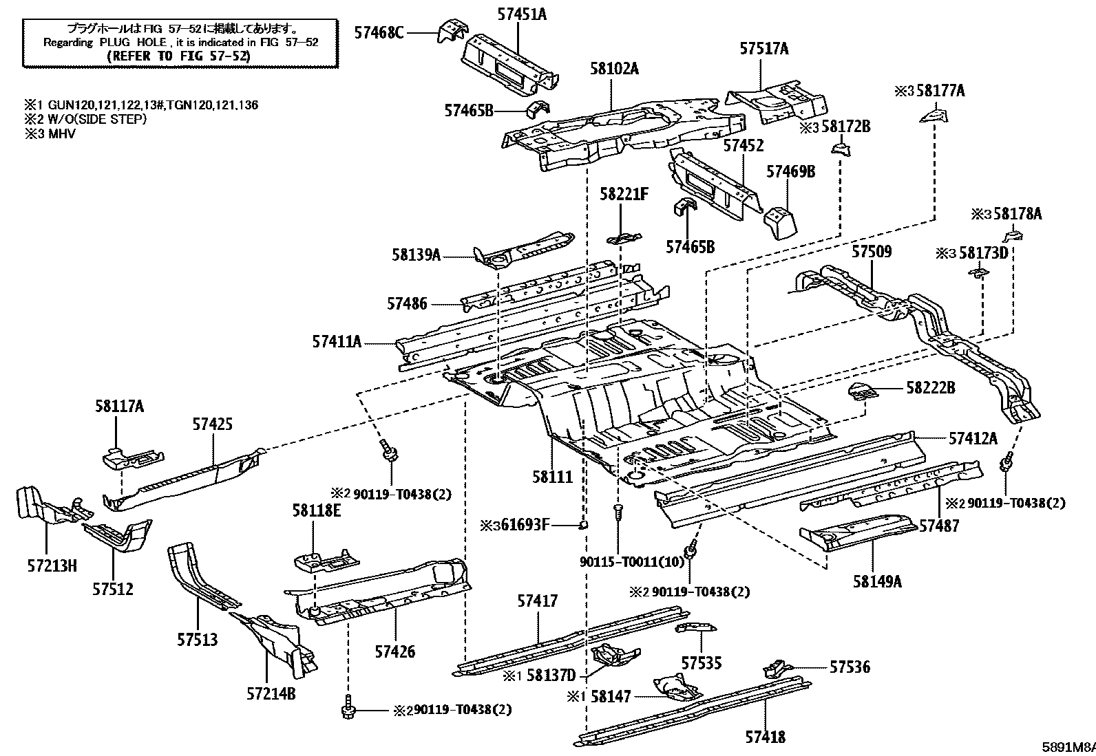 Toyota HILUX 前地板和前地板梁 EPC diagram — 5891M8A