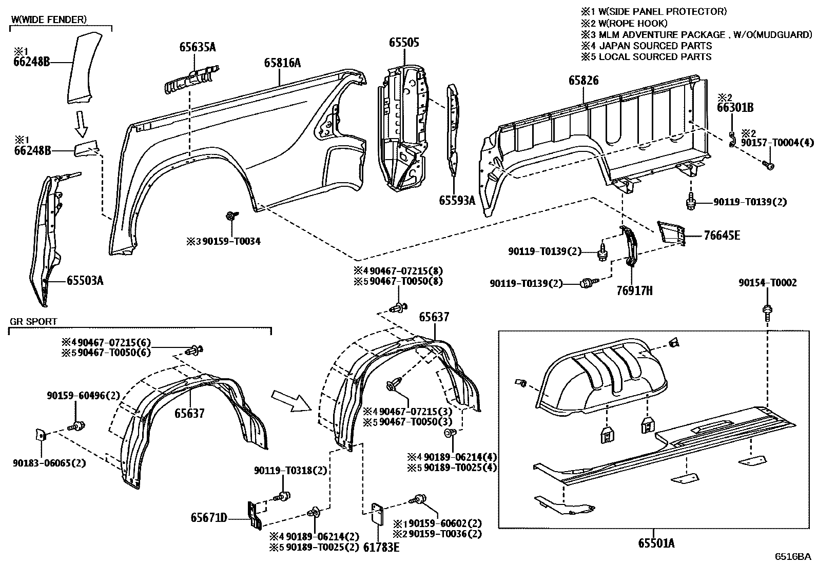 Toyota HILUX 后车身侧面板 EPC diagram — 6516BA