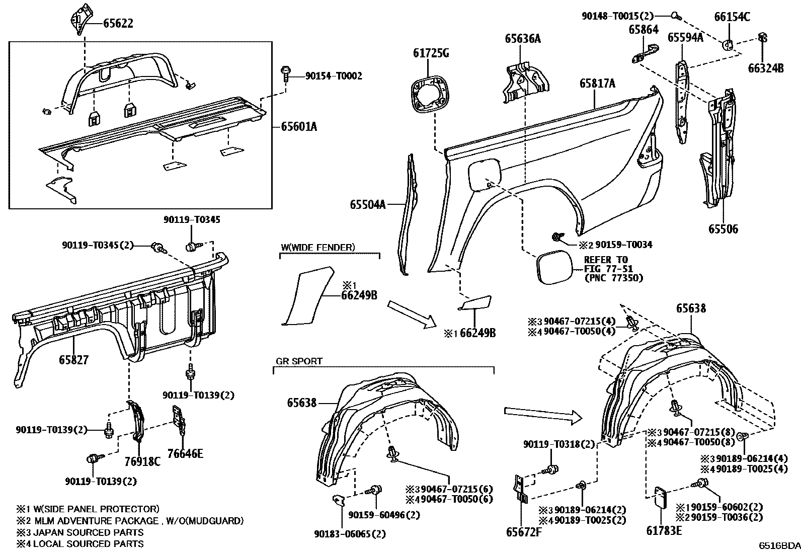 Toyota HILUX 后车身侧面板 EPC diagram — 6516BDA