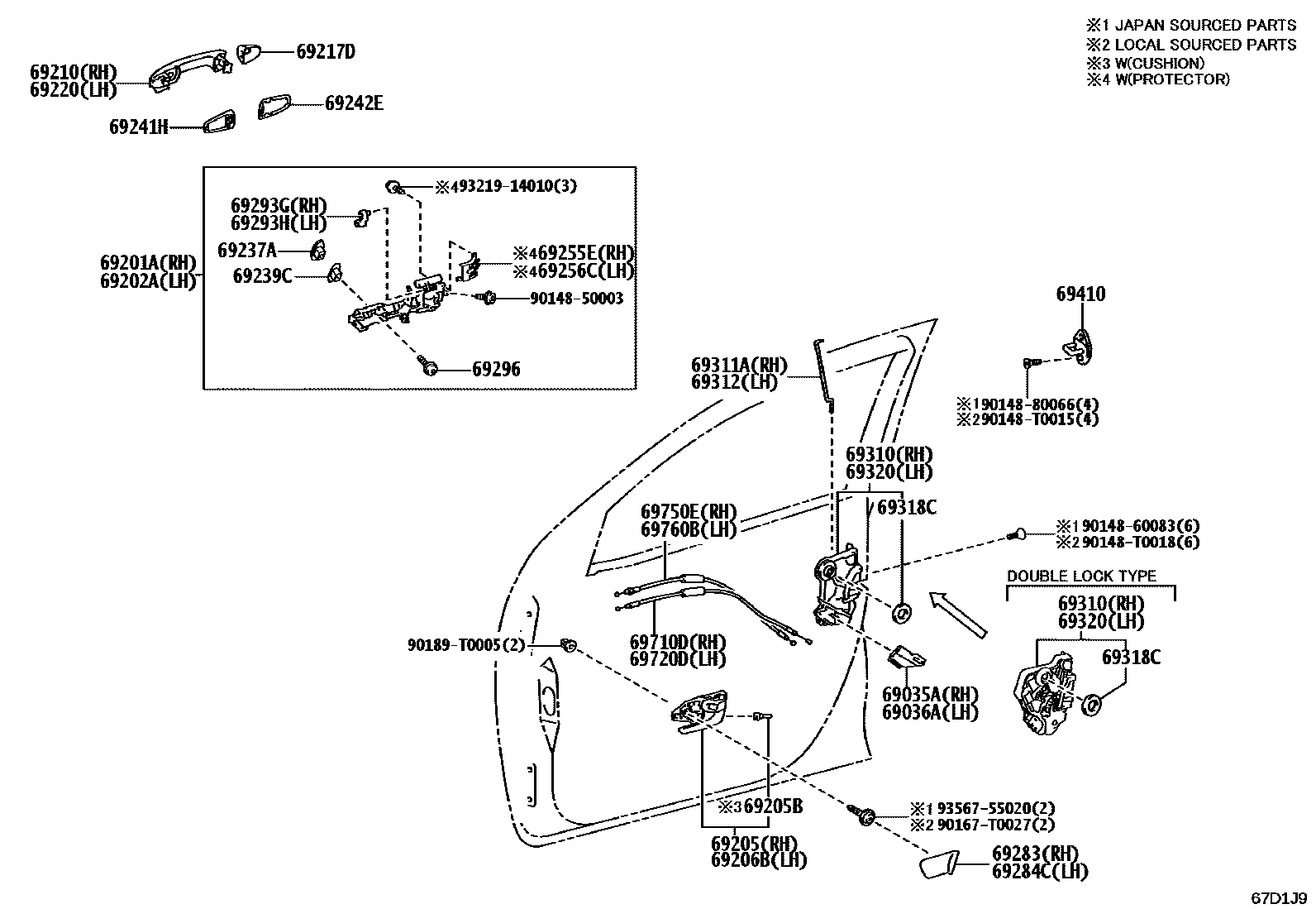 Toyota HILUX 前门锁和车门把手 EPC diagram — 67D1J9