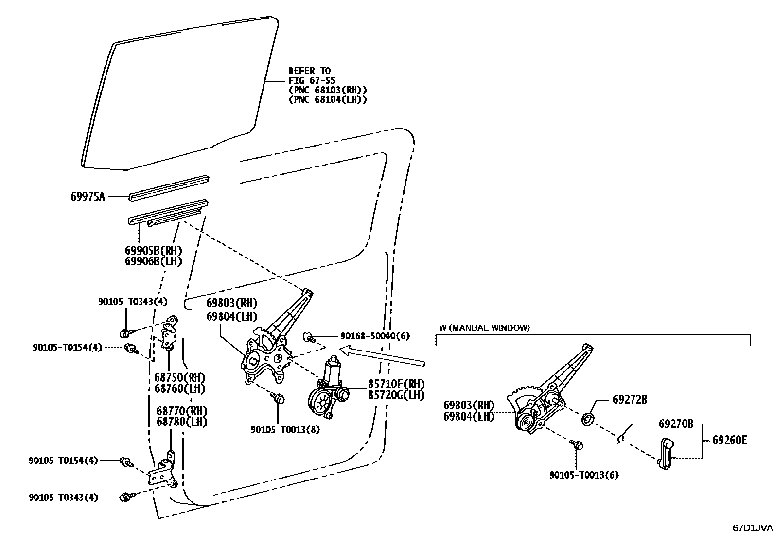 Toyota HILUX 后门车窗升降器和合页 EPC diagram — 67D1JVA