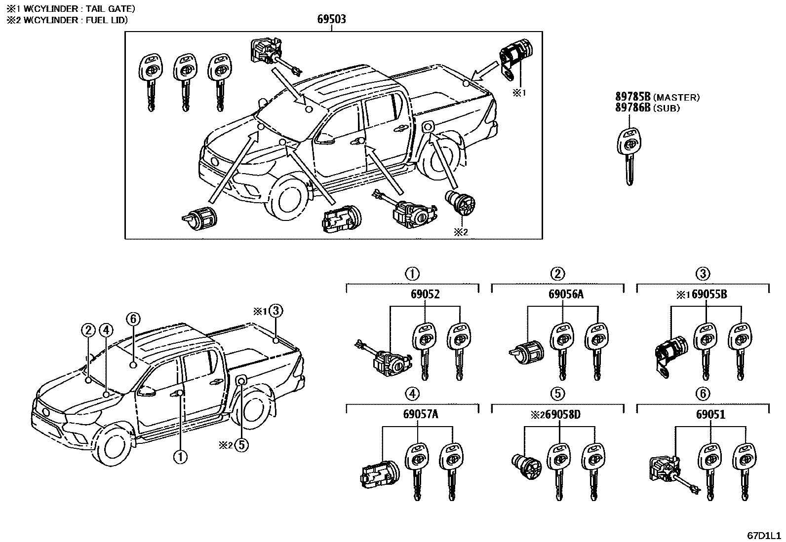 Toyota HILUX 锁芯组件 EPC diagram — 67D1L1