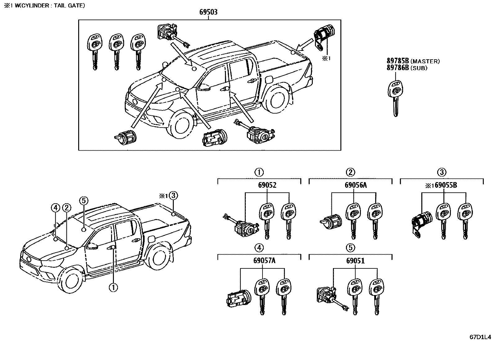 Toyota HILUX 锁芯组件 EPC diagram — 67D1L4