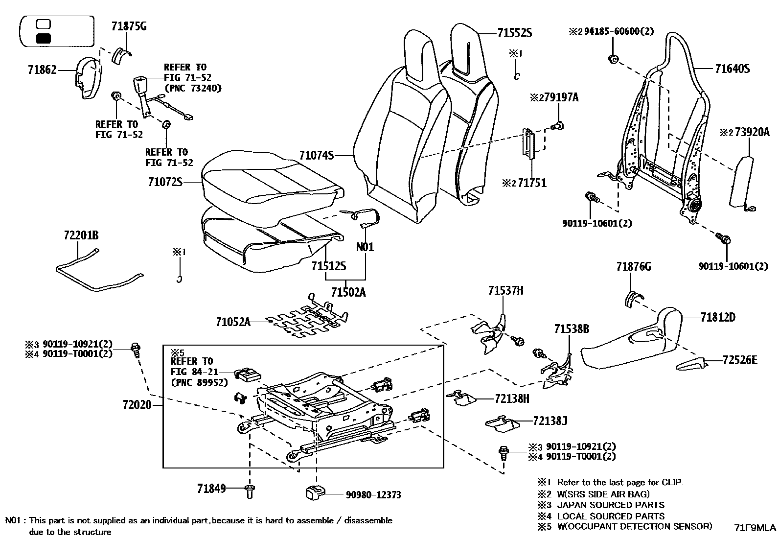 Toyota HILUX 座椅和座椅滑轨 EPC diagram — 71F9MLB
