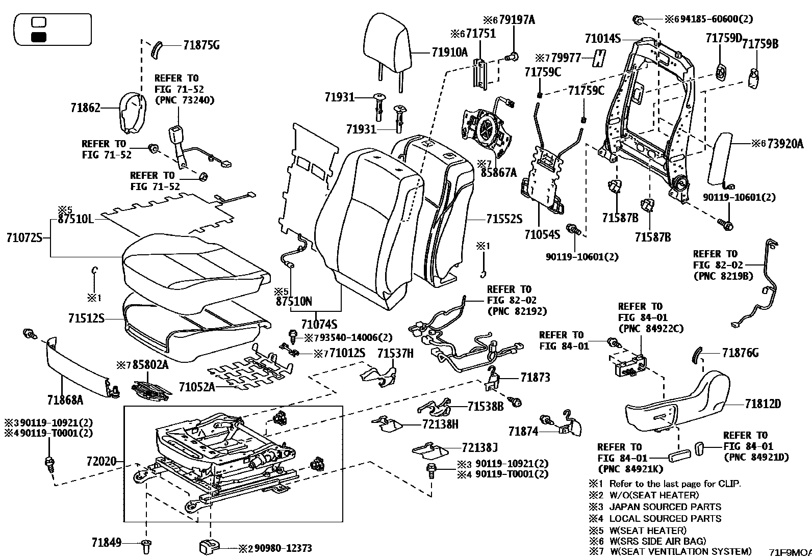 Toyota HILUX 座椅和座椅滑轨 EPC diagram — 71F9MOA
