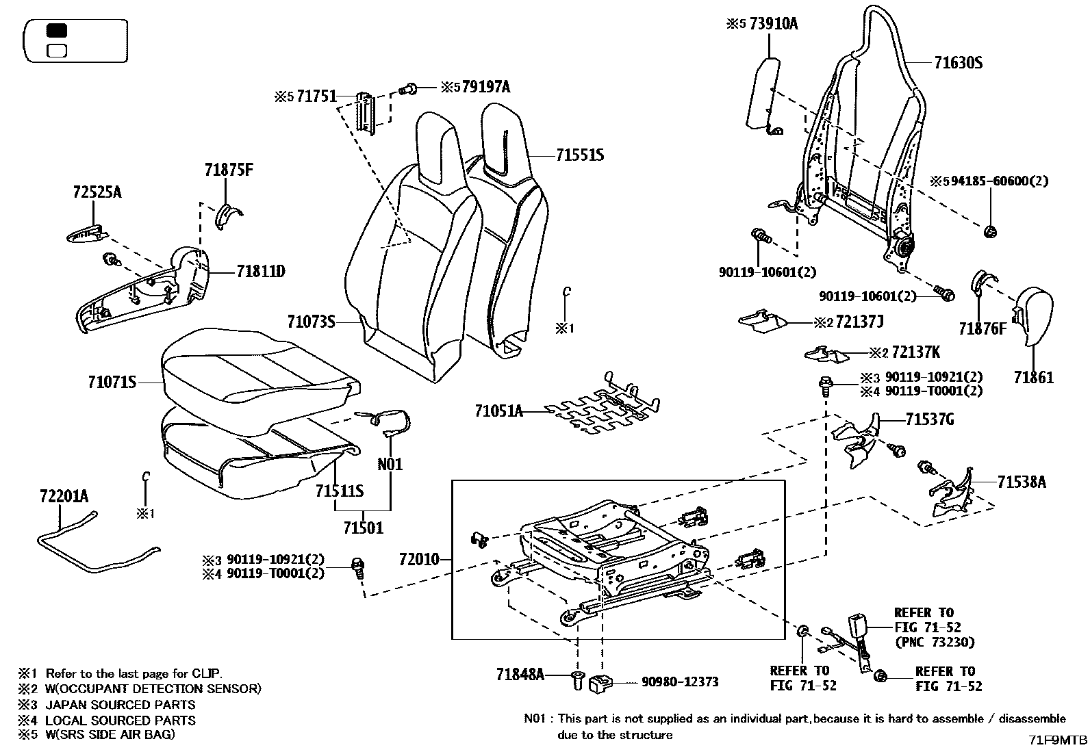 Toyota HILUX 座椅和座椅滑轨 EPC diagram — 71F9MTB
