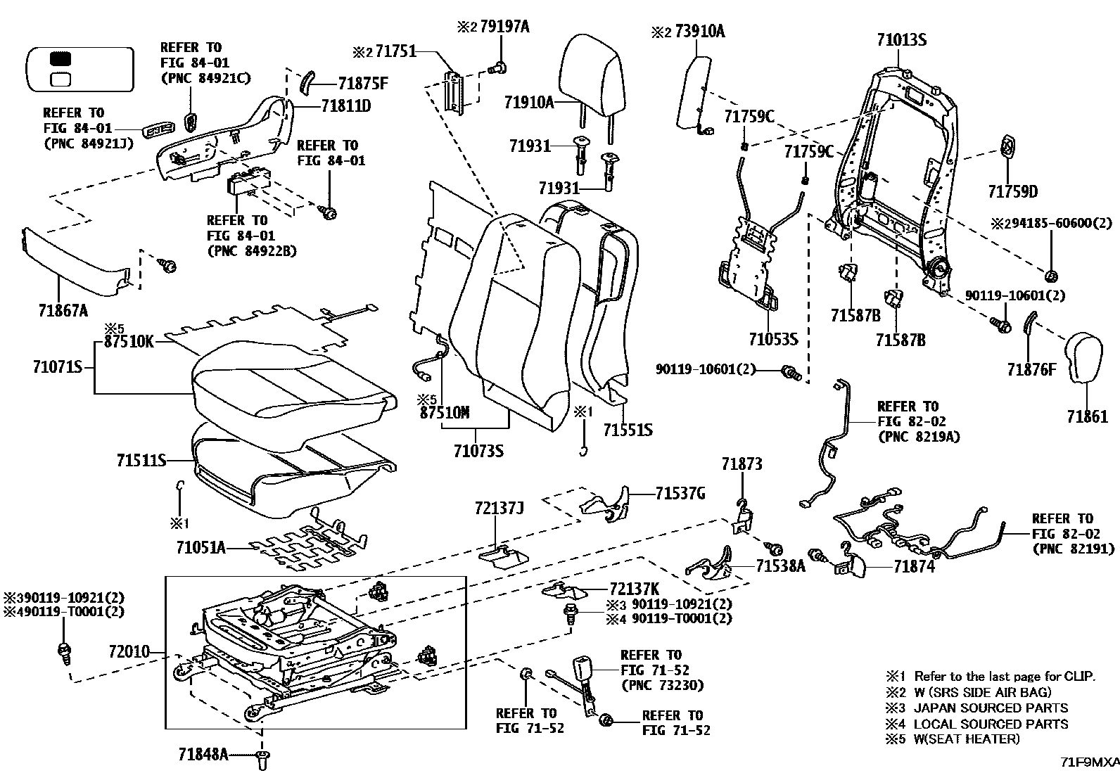 Toyota HILUX 座椅和座椅滑轨 EPC diagram — 71F9MXA