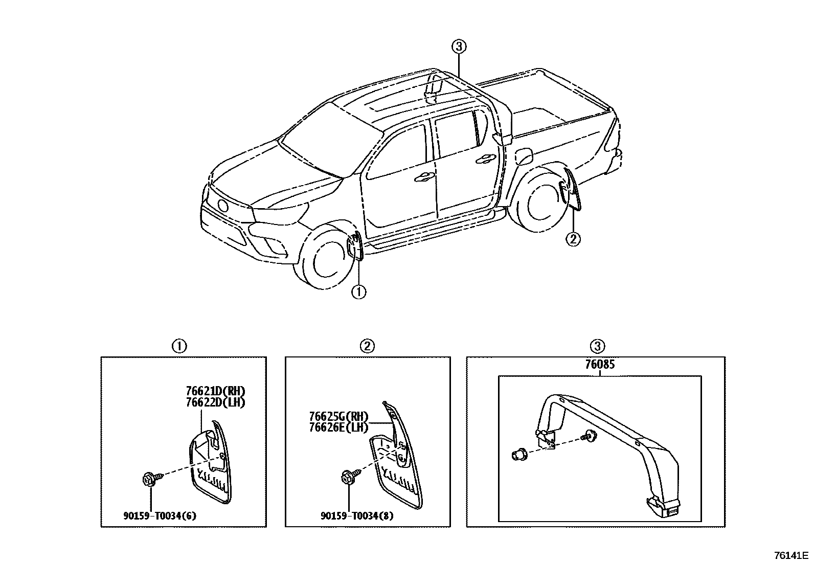Toyota HILUX 扰流板和侧挡泥板 EPC diagram — 76141E