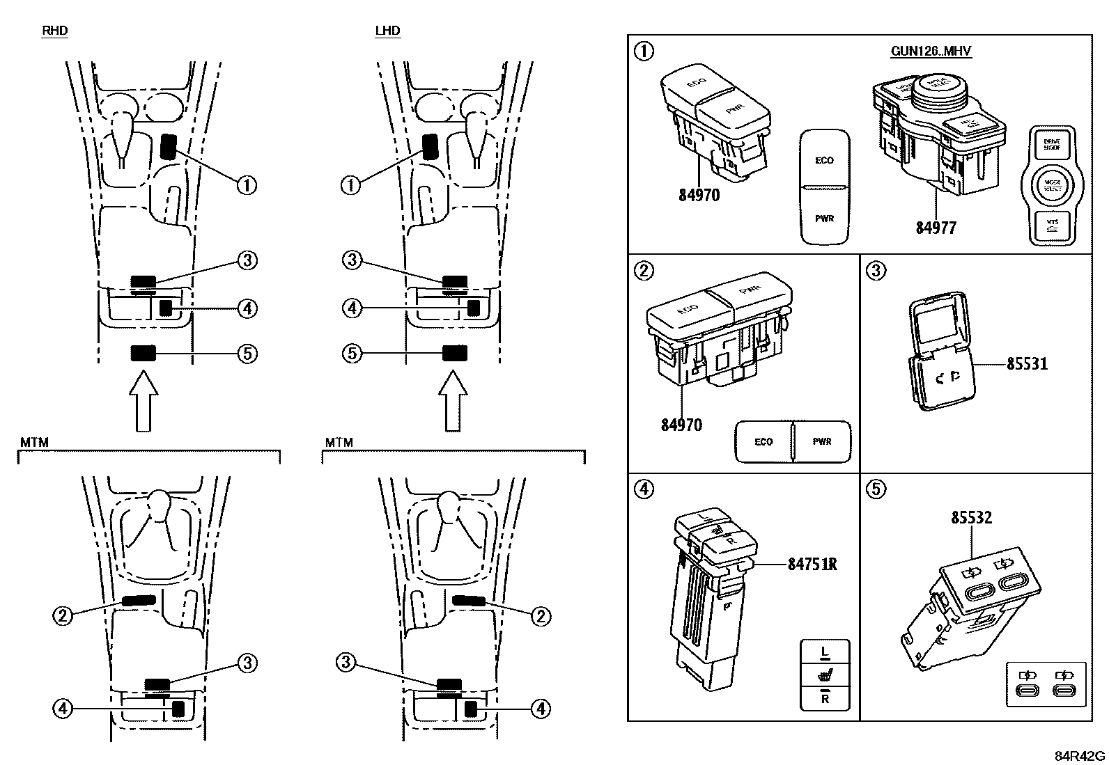 Toyota HILUX 开关和继电器和ECU EPC diagram — 84R42G