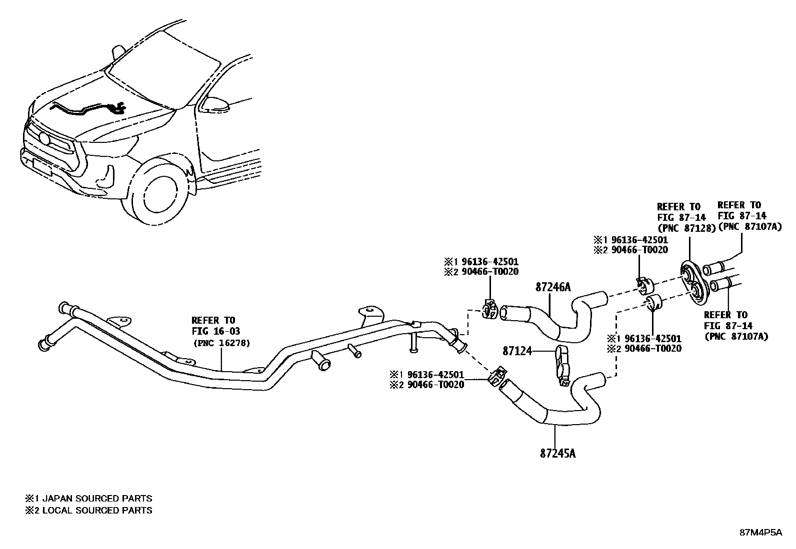 Toyota HILUX 暖风和空调系统 - 水管 EPC diagram — 87M4P5A