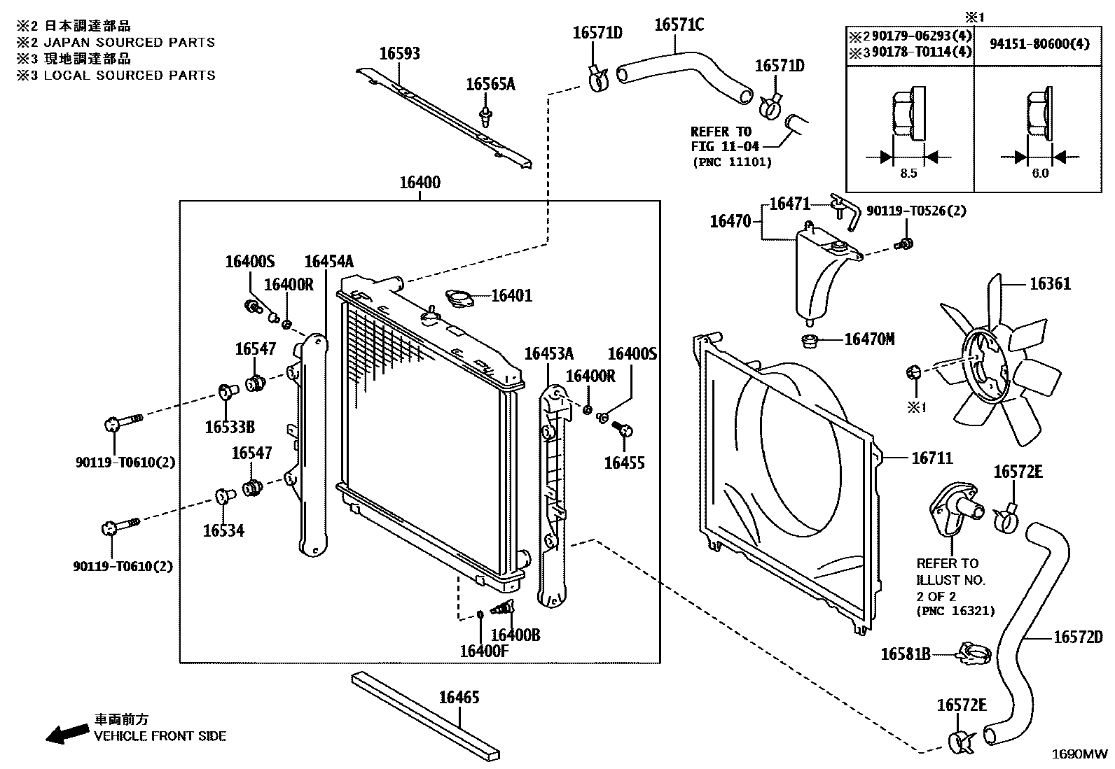 Toyota HILUX RADIATOR & WATER OUTLET EPC diagram — 1690MW