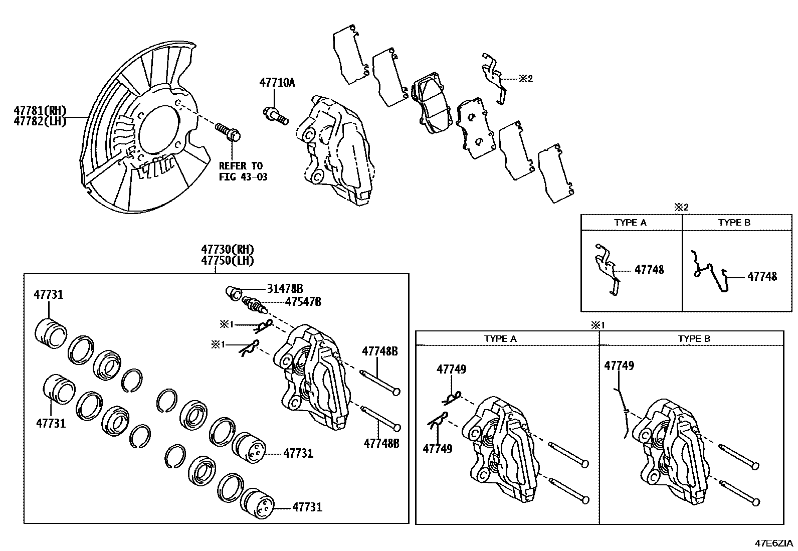 Toyota HILUX 前盘式制动器卡钳和防尘罩 EPC diagram — 47E6ZIA