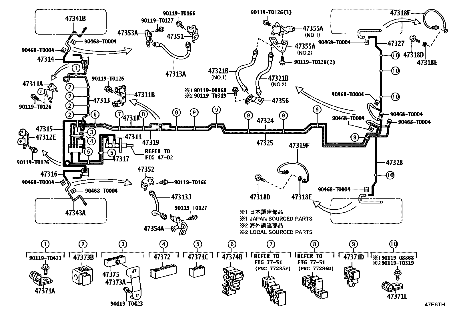 Toyota HILUX 制动配管和卡箍 EPC diagram — 47E6TH