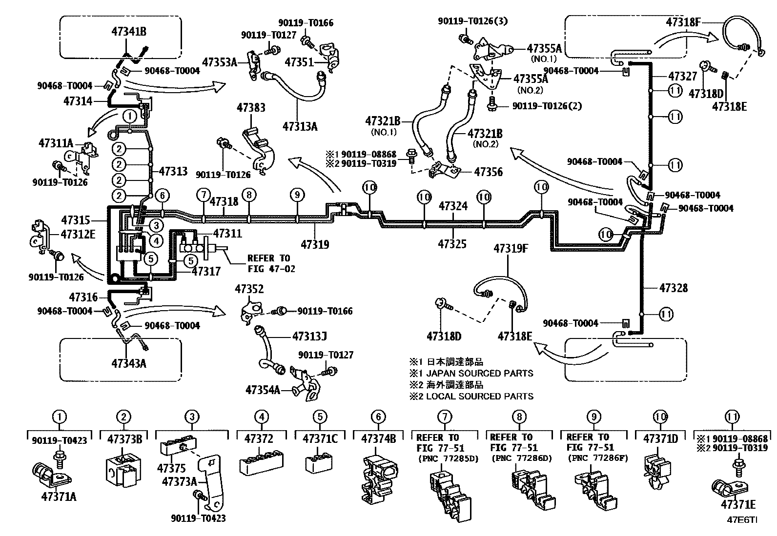 Toyota HILUX 制动配管和卡箍 EPC diagram — 47E6TI
