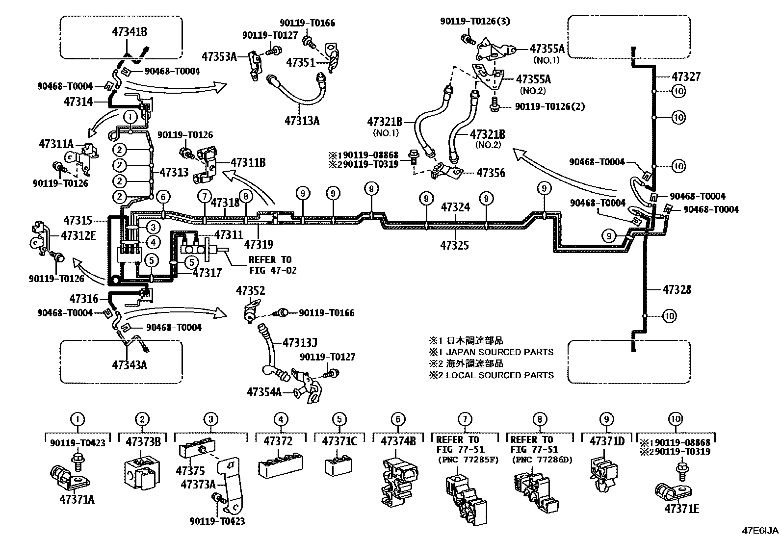 Toyota HILUX 制动配管和卡箍 EPC diagram — 47E6TJA