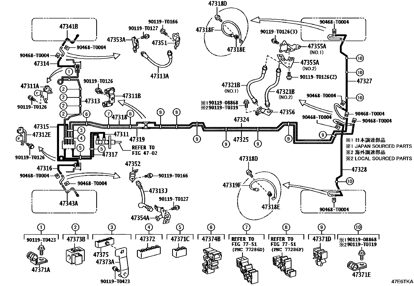 Toyota HILUX 制动配管和卡箍 EPC diagram — 47E6TKA