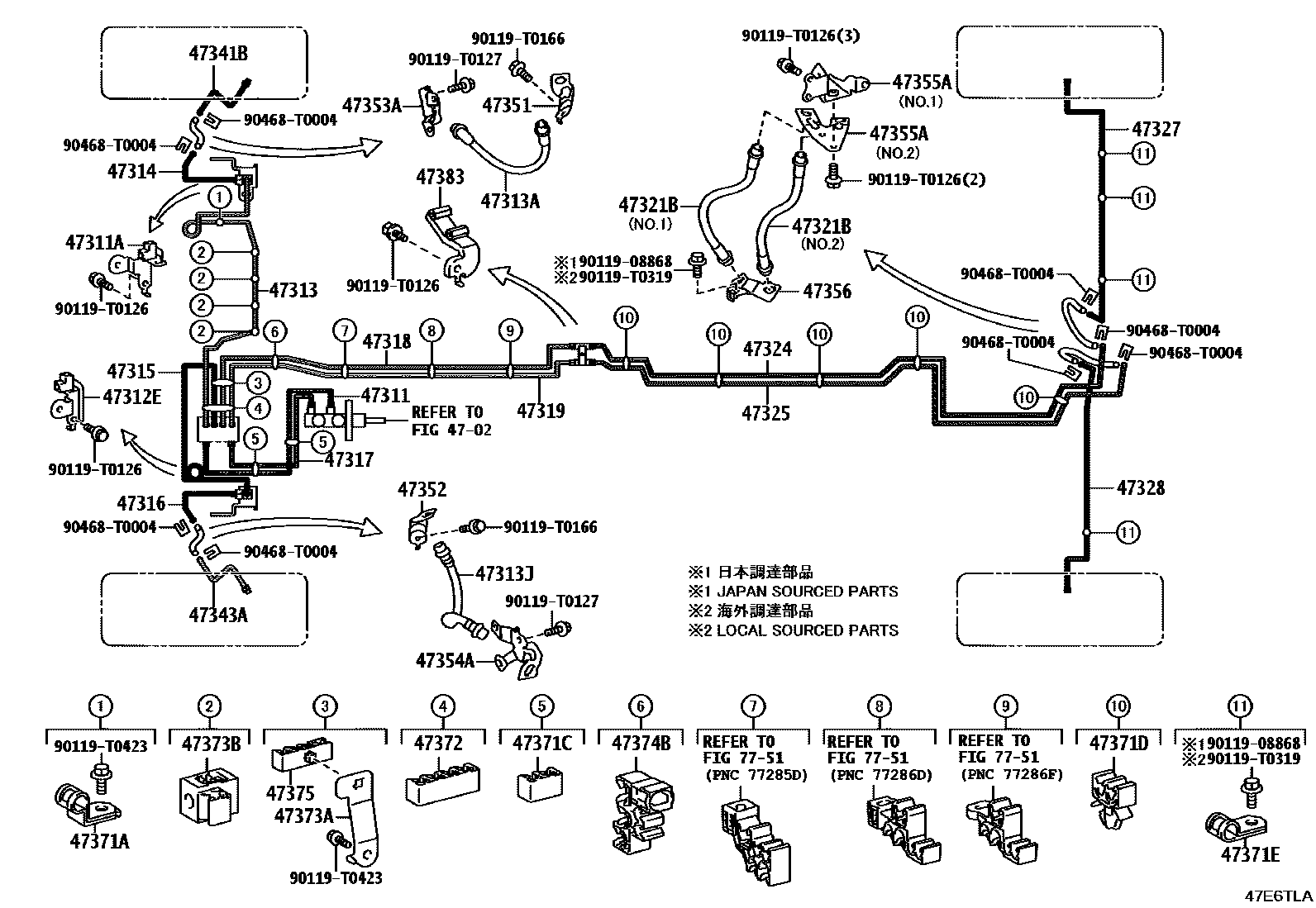 Toyota HILUX 制动配管和卡箍 EPC diagram — 47E6TLA