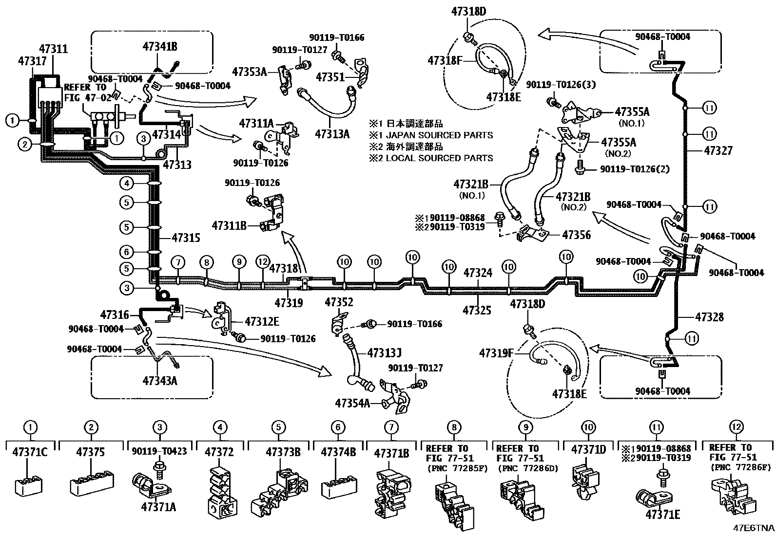 Toyota HILUX 制动配管和卡箍 EPC diagram — 47E6TNA