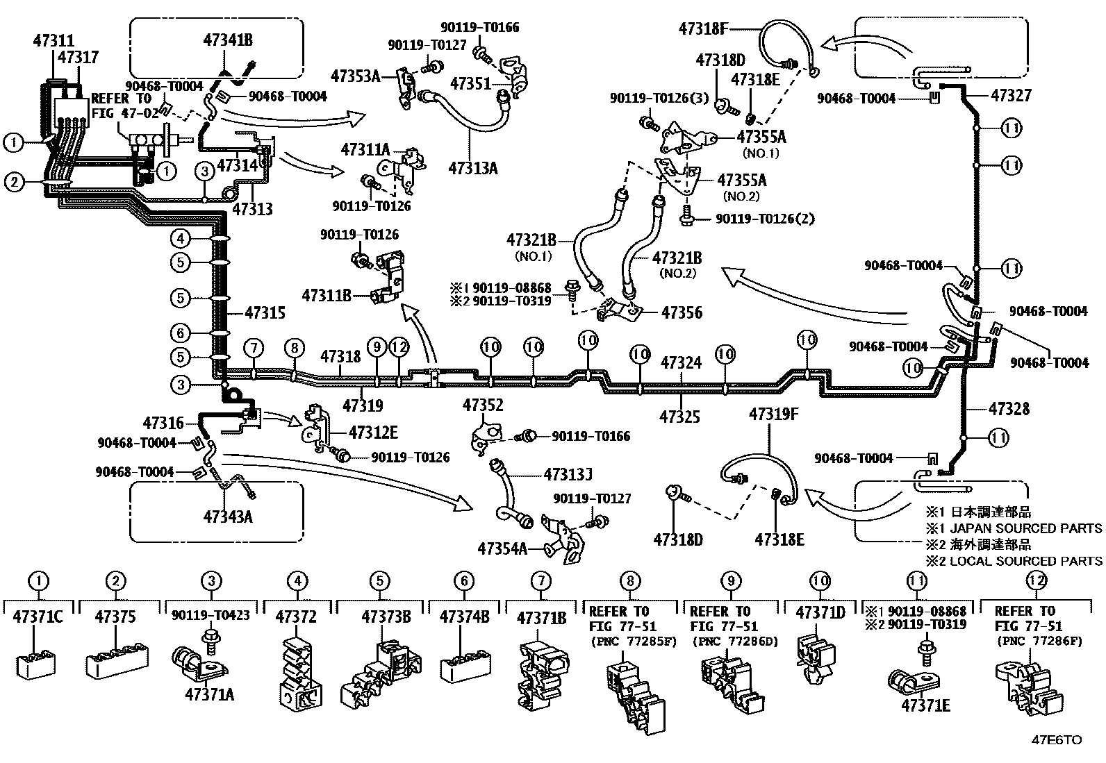 Toyota HILUX 制动配管和卡箍 EPC diagram — 47E6TO