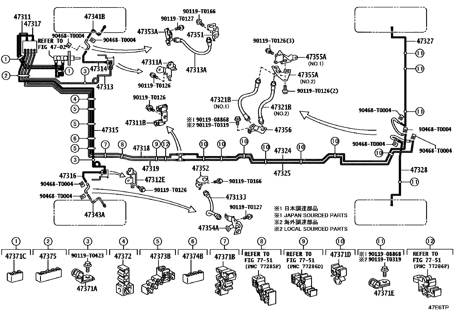 Toyota HILUX 制动配管和卡箍 EPC diagram — 47E6TP