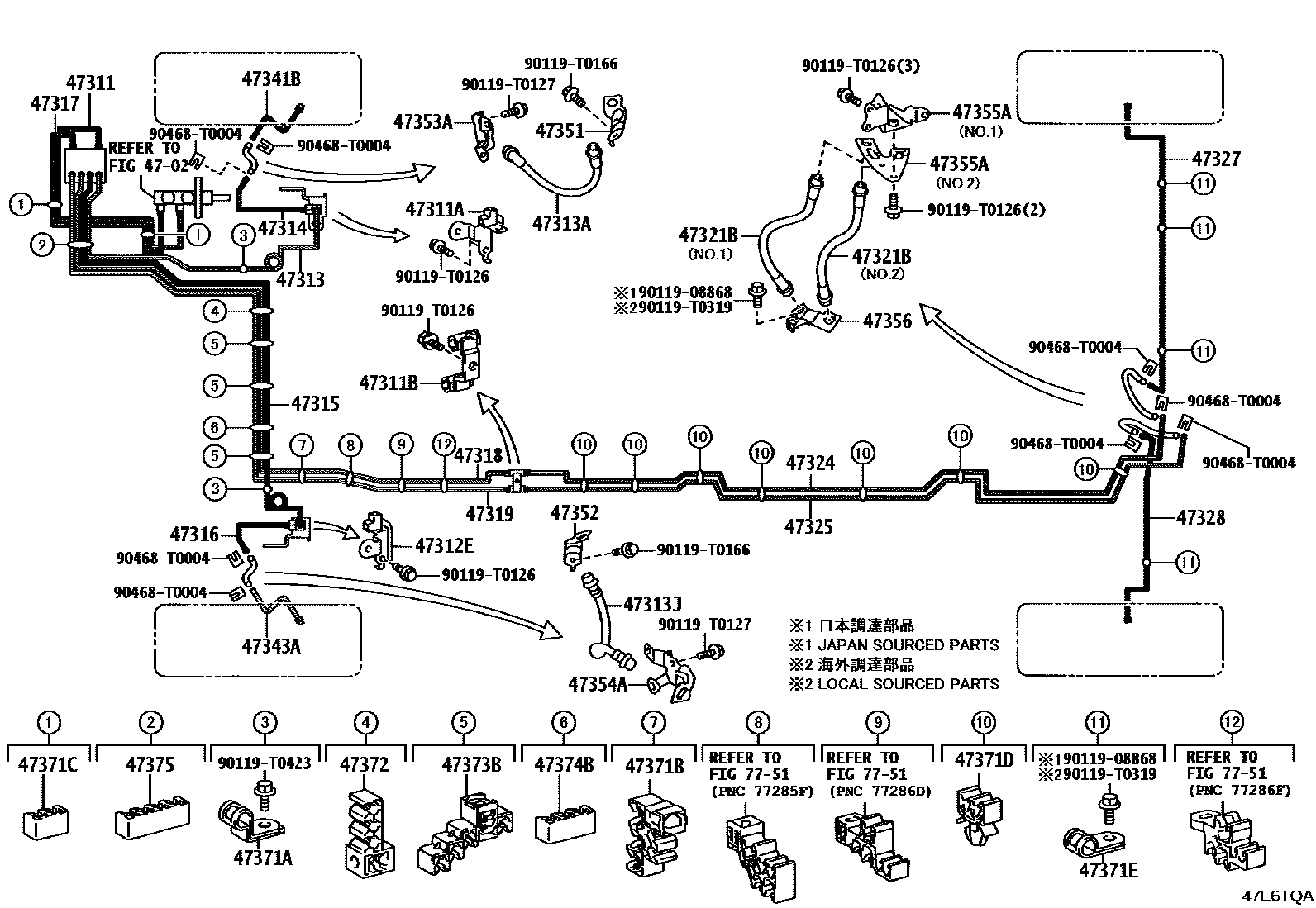 Toyota HILUX 制动配管和卡箍 EPC diagram — 47E6TQA